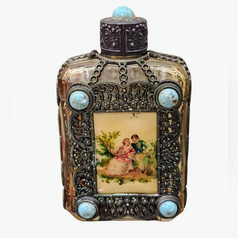 Antique Perfume Bottle, Turquoise Filigree Over Glass by Ludwig Scherk